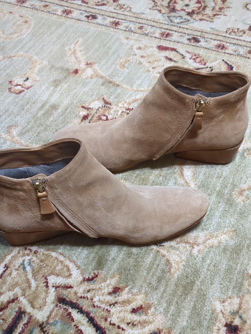 Naked Feet Women's Suede Ankle Booties in Beige with Gold Zipper